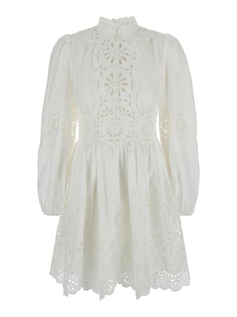 Zimmermann Zimmermann Women 'Acacia'white Mini Dress With All-Over Broderie Anglaise And Scallop Hem In Tech Fa