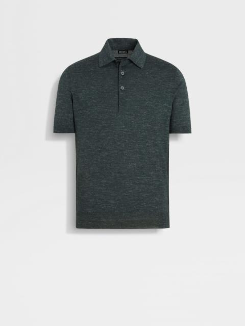 ZEGNA DARK GREEN MÉLANGE SILK CASHMERE AND LINEN POLO SHIRT