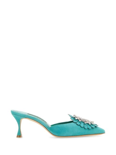 Manolo Blahnik Turquoise suede Shogmu mules
