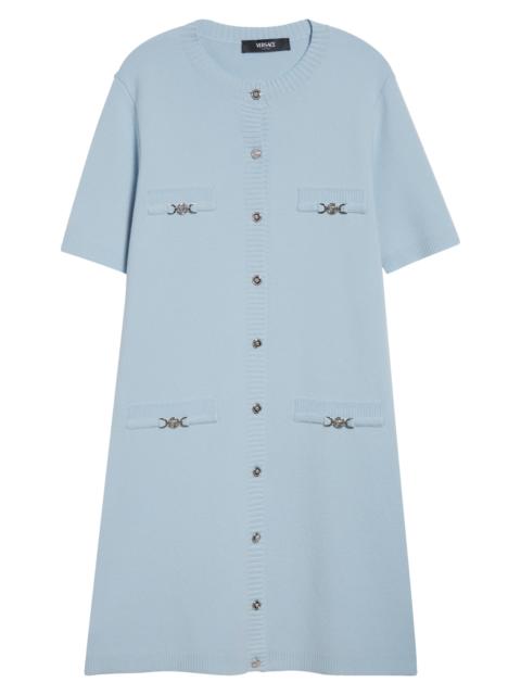 VERSACE Versace Medusa Short Sleeve Virgin Wool & Cashmere Sweater Dress in Pastel Blue at Nordstrom
