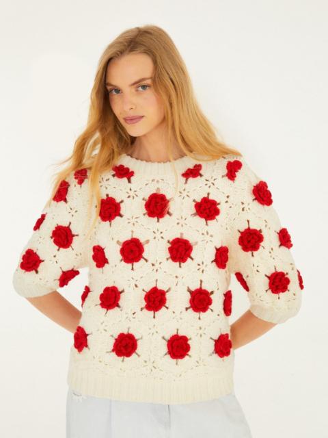 FARM RIO Red Flower Crochet Knit Blouse