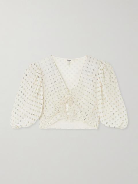 Chloé Cropped Ruffled Gathered Metallic Polka-dot Silk-blend Top