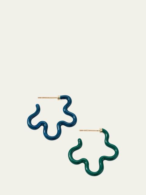 BEA BONGIASCA Two-Tone Asymmetrical Flower Small Hoop Earrings in Emerald and Teal Enamel