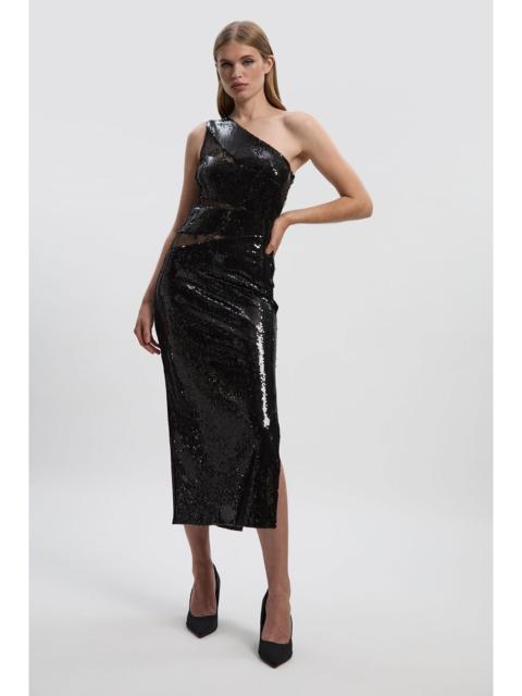 KAREN MILLEN Sequin With Lace Detail One Shoulder Midi Dress