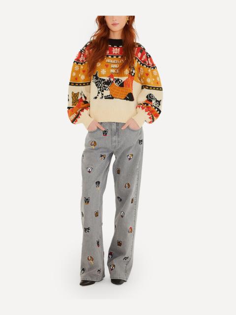 FARM RIO Multicolour Cat and Dogs Embroidery Jeans