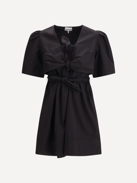 GANNI Cotton mini Dress with a deep V-neckline and three front tie bands