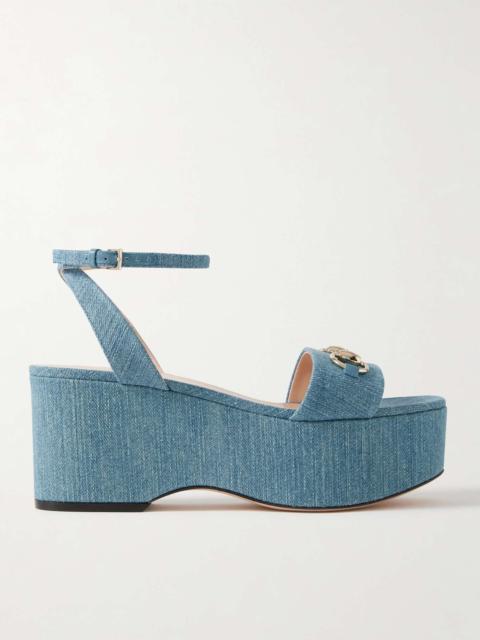 Lady Horsebit-embellished denim platform sandals Blue