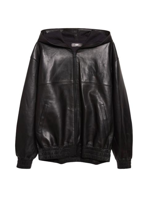 AMIRI AMIRI Oversize Hooded Lambskin Leather Zip Jacket in Black at Nordstrom