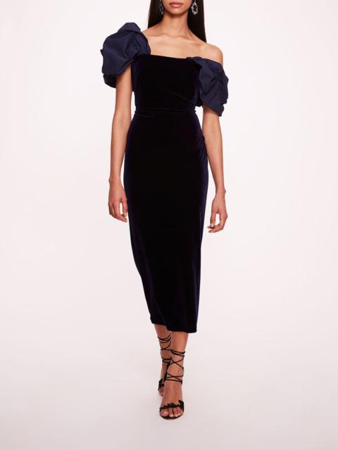 Marchesa ASYMMETRICAL VELVET MIDI DRESS