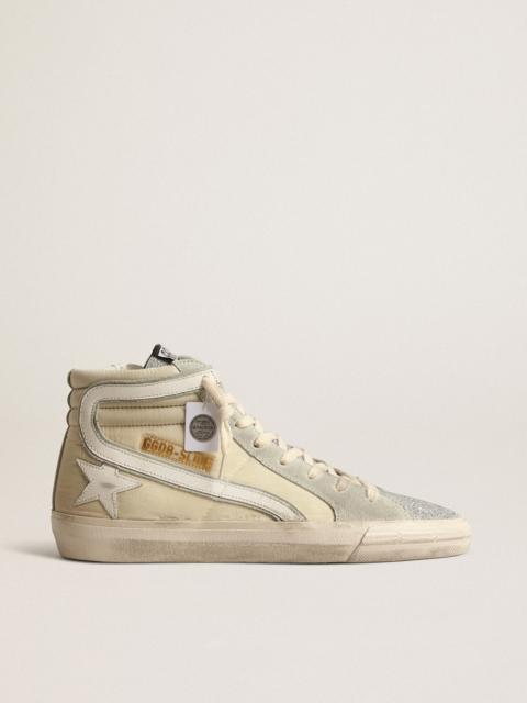 Golden Goose Slide in ivory nylon with white leather star and flash