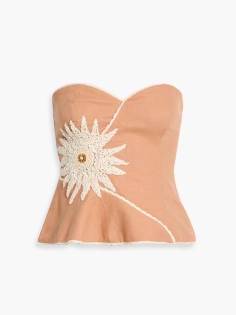 PatBO Tropic strapless embellished linen-blend top