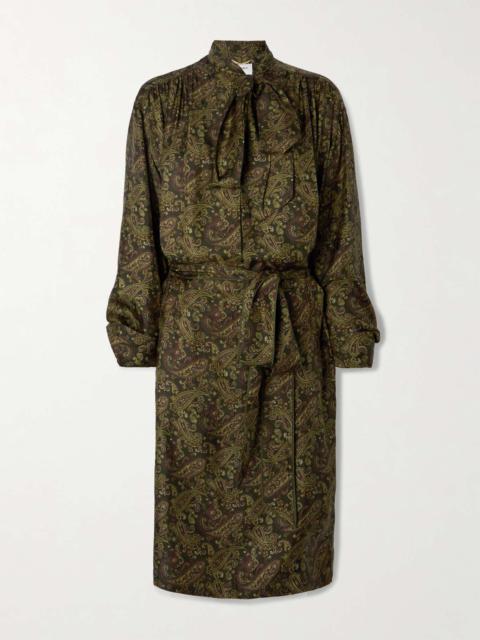 Pussy-bow belted paisley-print silk-twill mini dress Dark green
