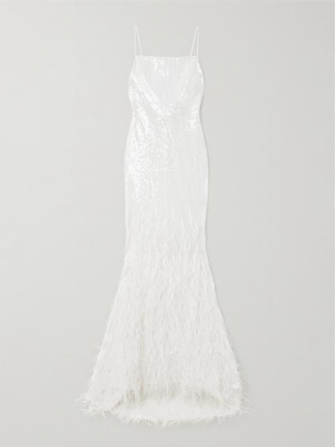 RETROFÊTE Odessa Feather-trimmed Sequined Lace Gown