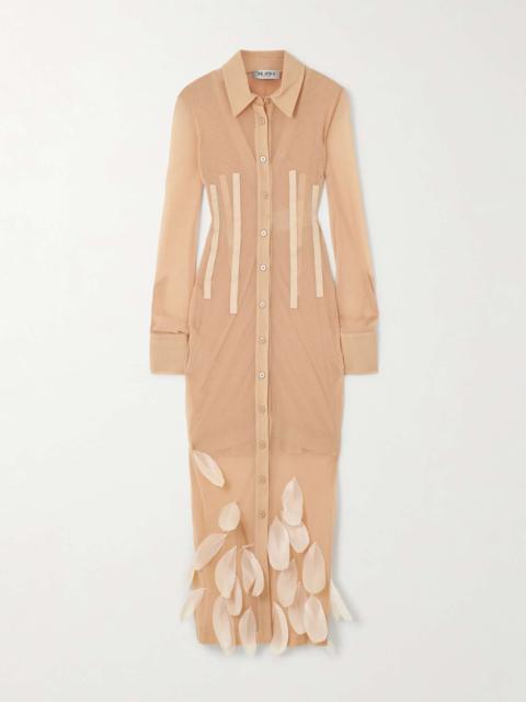 Grosgrain and feather-trimmed tulle midi shirt dress Pink
