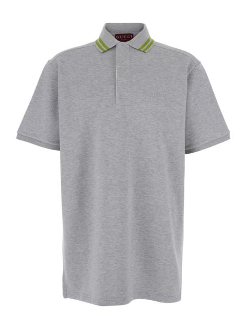 Gucci Men Grey Polo Shirt With Striped Collar And Tone-On-Tone Embroidered Logo On The Front In Cott