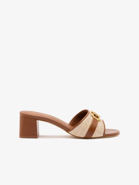 Larroudé Franca Block Sandal In Natural Raffia And Caramel Leather