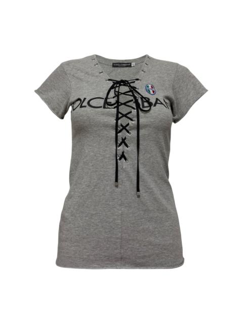 Dolce & Gabbana DOLCE&GABBANA Spring Summer 2003 Plunging Lace-Up Logo Print T-Shirt