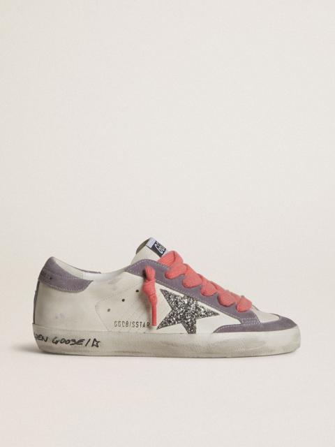 Golden Goose Super-Star with silver glitter star and lilac suede heel tab