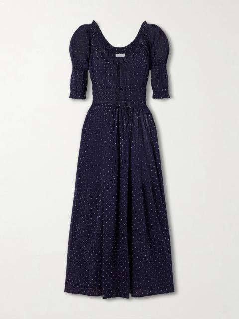 DÔEN Ischia Shirred Polka-dot Organic Cotton-voile Midi Dress
