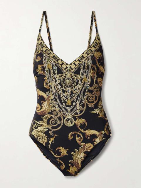 Crystal-embellished printed recycled swimsuit Black