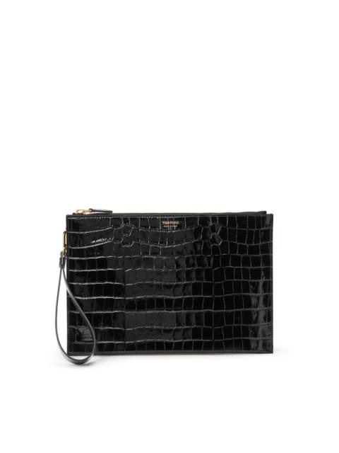 crocodile-embossed leather clutch