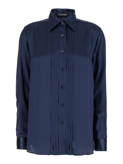Tom Ford Women Blue Shirt With Pleats In Fluid Silk Woman