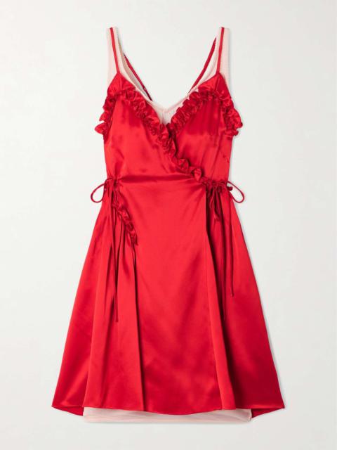 Ruffled pleated jersey-trimmed silk-satin mini dress Red