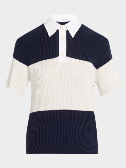 Brunello Cucinelli Shimmering Striped Cotton Rib Short-Sleeve Polo Sweater