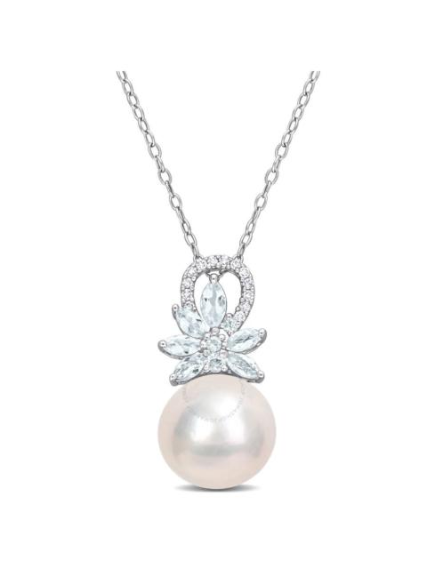 Other Designers AMOUR 11-12mm Cultured Freshwater Pearl and 5/8 CT TGW Aquamarine and Diamond Accent Flower Pendant 