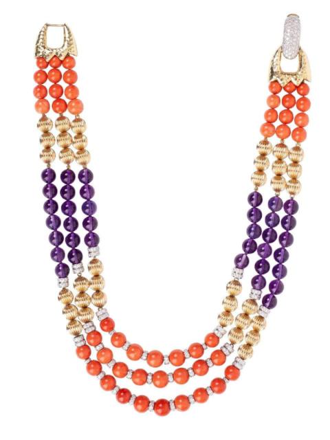 DAVID WEBB Coral and Amethyst Bead Necklace