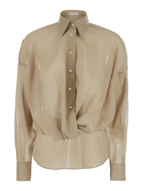 Brunello Cucinelli Brunello Cucinelli Women Beige Shirt With Classic Collar And Monil Detail On The Collar In Cotton Wo