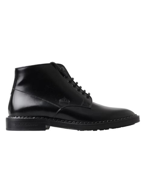 Dolce & Gabbana Black Leather Men Short Boots Lace Up Shoes