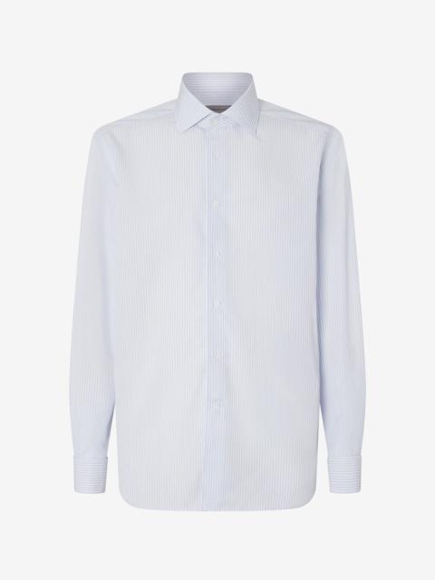 CORNELIANI White cotton poplin shirt with light Blue stripes