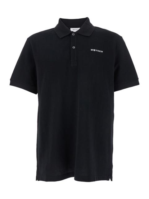 Alexander Mcqueen Men Black Polo Shirt With Classic Collar And Logo Lettering Embroidery On The Fron