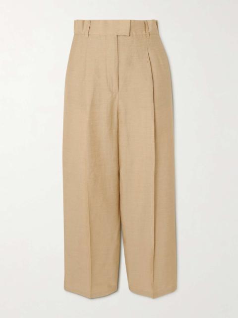Efedra leather-trimmed woven wide-leg pants Tan