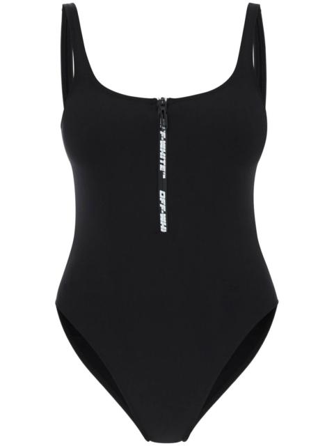Off White One Piece Swimsuit With Zip And Logo