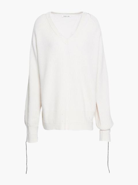 Helmut Lang Cutout distressed ribbed cotton, wool and cashmere-blend sweater