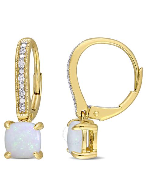 Other Designers Amour - AMOUR 1 1/3 CT TGW Opal and Diamond Accent Milgrain Leverback Earrings In 10K Yellow Gold
