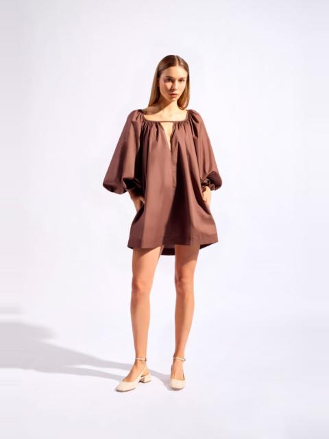 ADRIANA DEGREAS Solid Puff Sleeve Brown Mini Dress