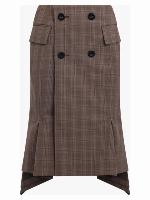 sacai ASYMMETRIC FLARED HEM CHECK MIDI SKIRT WITH BUTTON DETAIL | BROWN