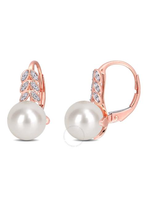 Other Designers Amour - AMOUR 9-9.5mm Cultured White Freshwater Pearl and 1/10 CT TW Diamond Leverback Earrings In 10K Rose 