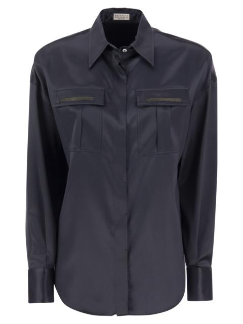 Brunello Cucinelli Women Stretch Silk Satin Shirt With Shiny Pockets