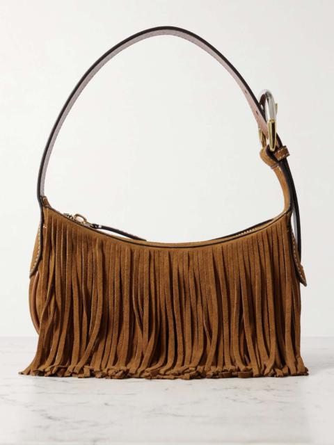 Owen leather-trimmed fringed suede shoulder bag Tan