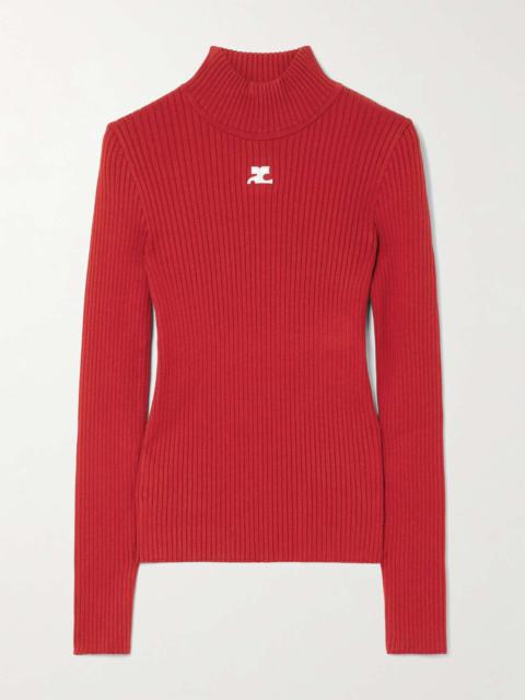 Embroidered ribbed-knit sweater Red