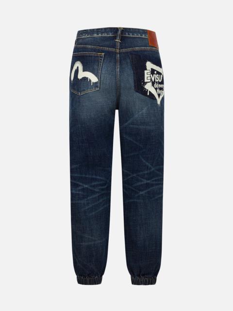 EVISU Graffiti-Style Seagull and Logo Print Straight Fit Denim Joggers