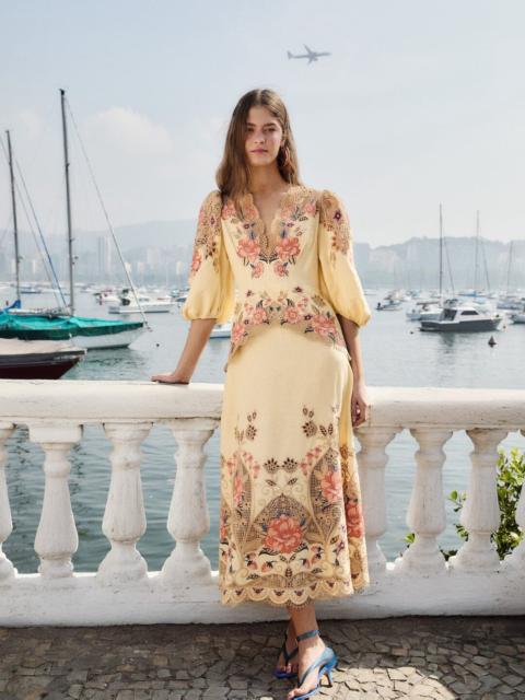 FARM RIO Butter Yellow Embroidered Lenzing Ecovero Euroflax Midi Dress