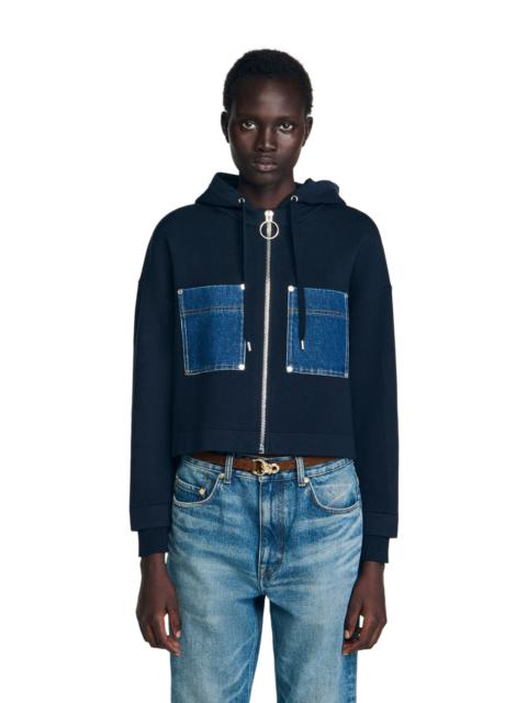 Sandro SANDRO Knit and denim sweatshirt in Navy Blue at Nordstrom