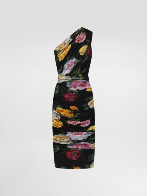 Dolce & Gabbana Tulle one-shoulder calf-length dress with peony and rose print