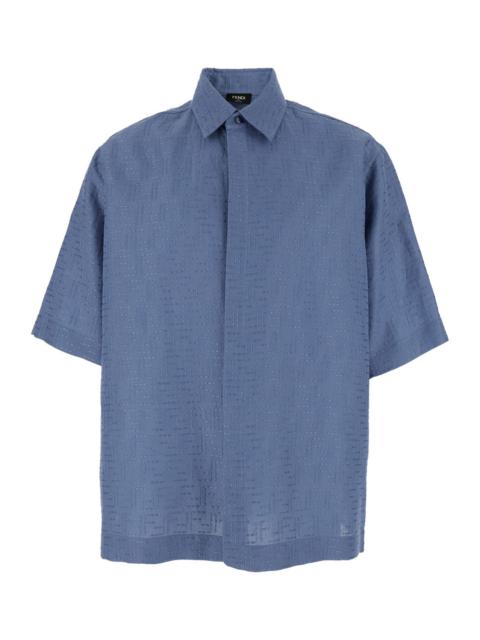 FENDI Fendi Men Blue Shirt With Pointed Collar And All-Over Ff Motif In Linen Blend Man