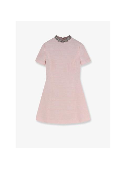 Valentino VALENTINO Embroidered Crinkle Cotton Tweed Pink Mini Dress N